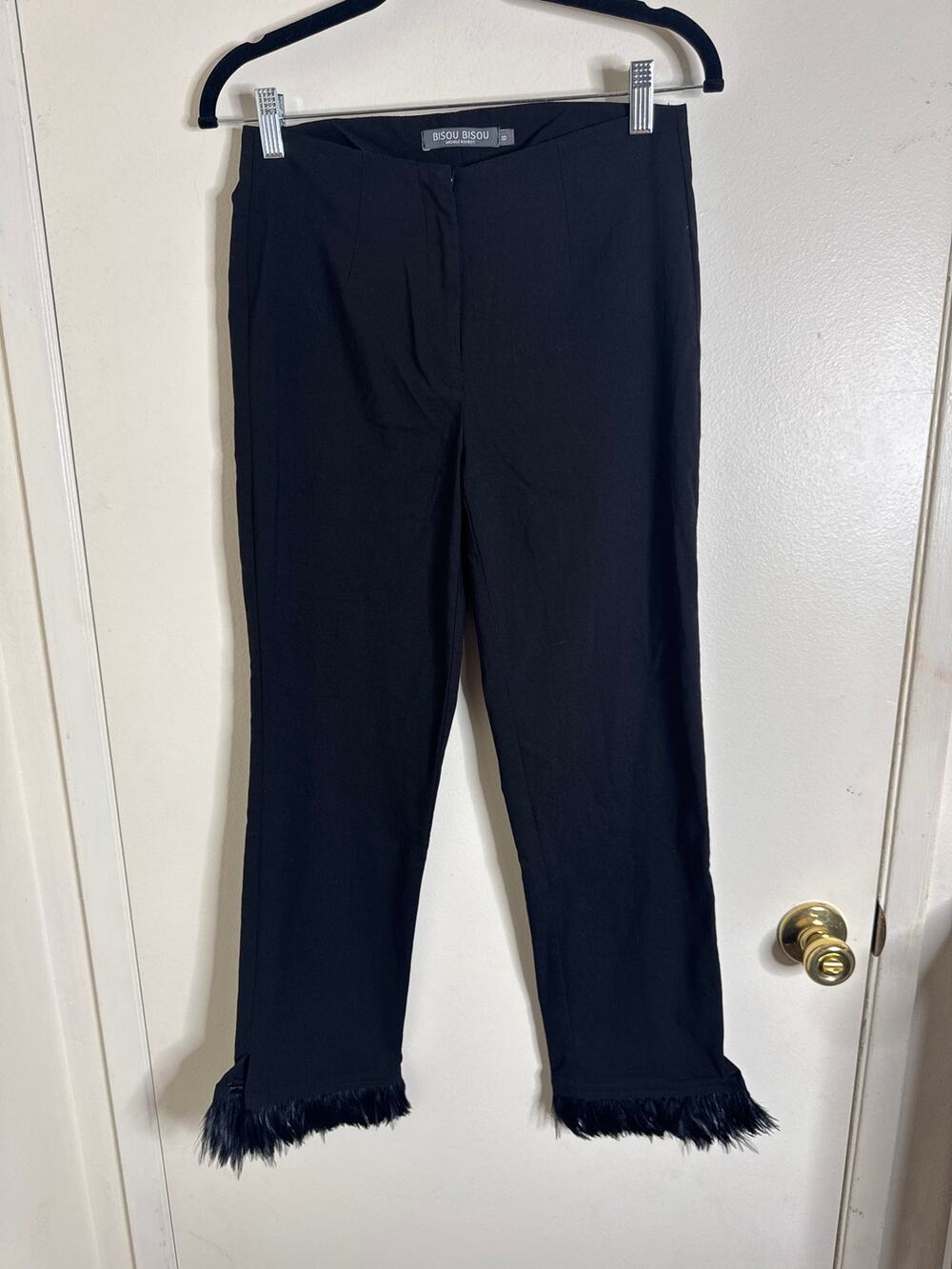 VTG Bisou Bisou Michele Bohbot Black Feather Trim Hem Pants Stretch Trousers Y2K